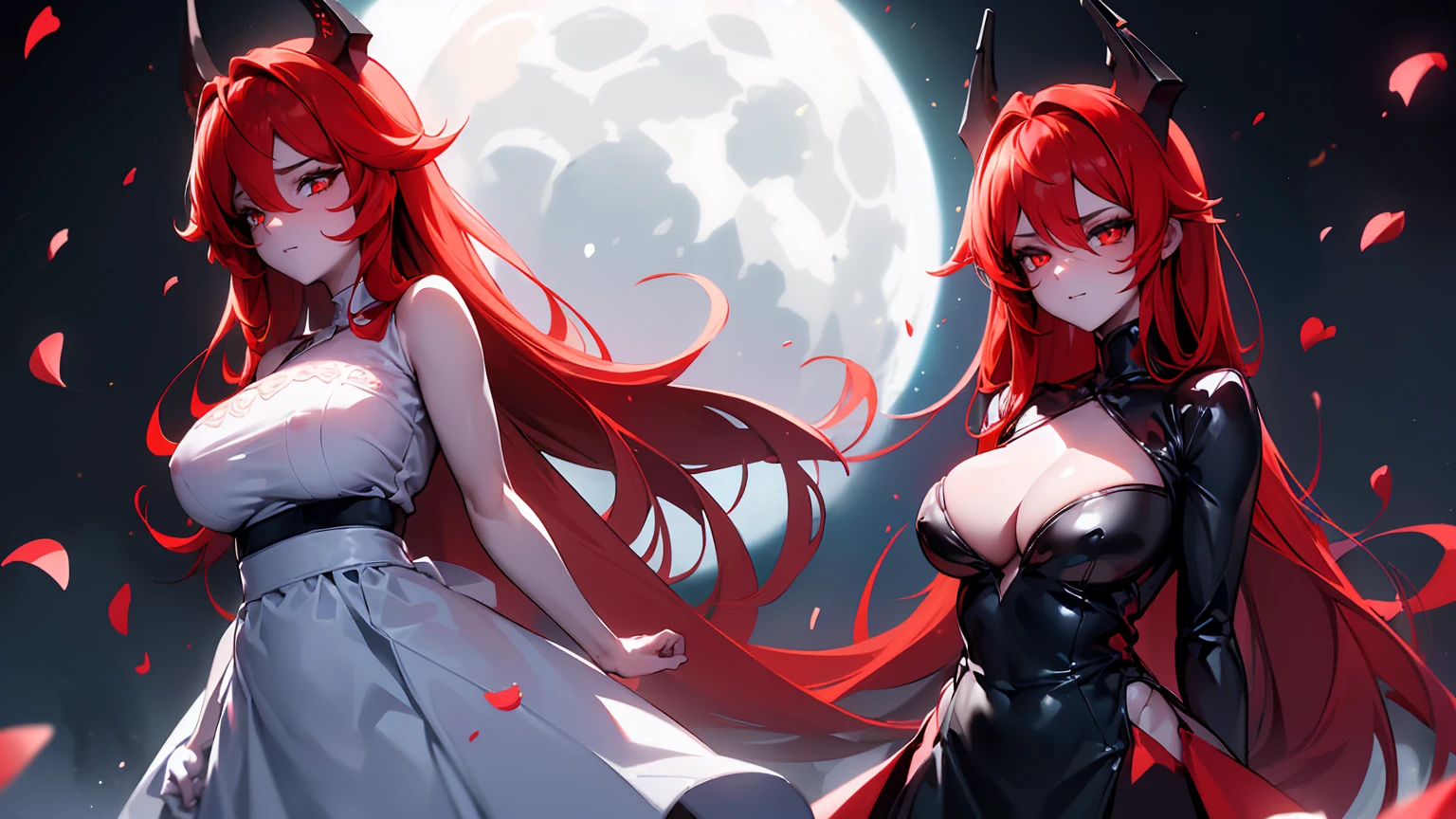 ((((Obra maestra, La mejor calidad, ultrahigh resolution)))), 1girl, standing,), ((long pure red hair, hair over eye)), long hair cut, shiny skin, ((golden eyes)), glowing_eyes, neon eyes, (ultra detailed eyes:0.7, beautiful and detailed face, detailed eyes:0.9), ((centered)), smirk, facing viewer, ((vibrant background, dark lighting, summer, sunlight)), large chested, looking at viewer, ((half closed eyes)), ((perfect hands)), (((head:1, arms, hips in view, elbows, in view))), ((hands behind back)), empty eyes, beautiful lighting, ((outside, outdoors)), defined subject, head tilt, (((gritty)), ((creepy)), ((cool)), ((beautiful)), (((SFW))), horns, hair ornament, petals in the air, moon in the sky, city, mature woman, adult woman, sfw, cool dress