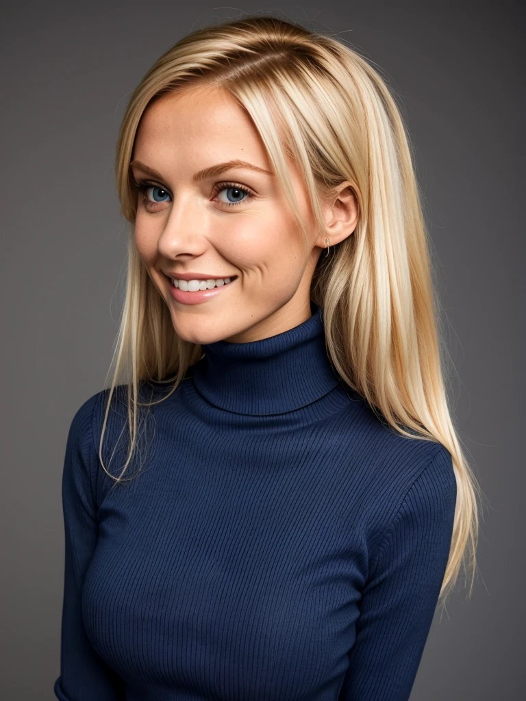 photo of a skinny blonde teen  wife, bimbo style hair, She wears: (turtleneck high ribbed dark blue tight sweater:1.1),   pose, high tight ribbed neck,  smile, perfect fake , turtleneck top