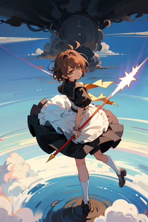 anime,cute, 5000 meters above the clouds,A magical girl is looking down at the ground from above the clouds.,Back view,6 girl,A nuclear weapon lands and explodes, causing black clouds to rise high into the sky,Short Bob Hair,Brown Hair,White ruffled apron dress,Wear a petticoat,Wear knee-high socks,Angry expression,Throwing a spear,Full body portrait,Beautiful background,High resolution backgrounds,Diagonal top view,Card Captor Sakura