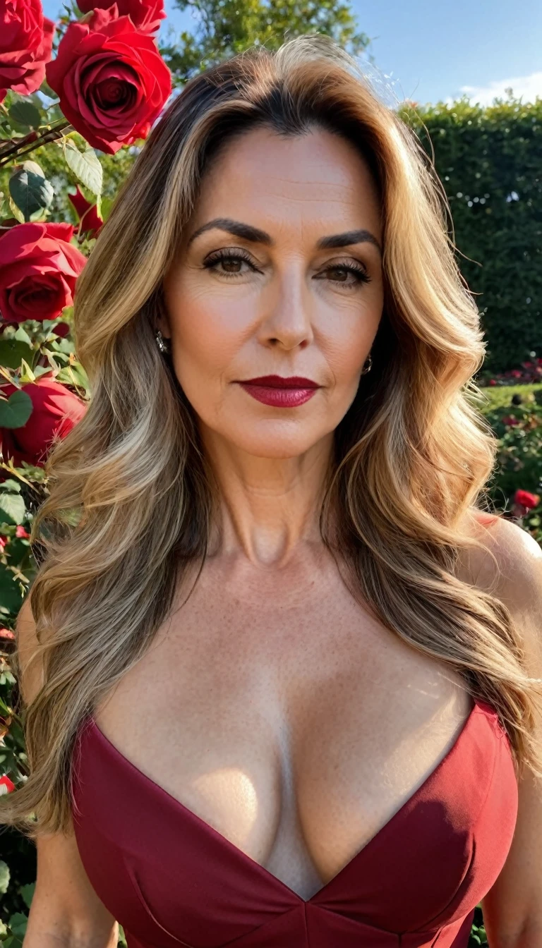 ((Realistic lighting, Best quality, 8K, Masterpiece: 1.3)), ((flat chest)), camisole, Clear focus: 1.2, Photo of a mature European woman, 50 years in all, A , Perfect Figure: 1.4, ((pechos grandes)) ,. blonde hair with light brown roots. cabello rubio, Hair with brown roots, cabello extra largo, cabello muy largo, really long hair, Beautiful, Front view, selfie, photo taken with iPhone, elegant red dress with escote, escotada, selfie in the rose garden, high quality, selfie iPhone, cleavage