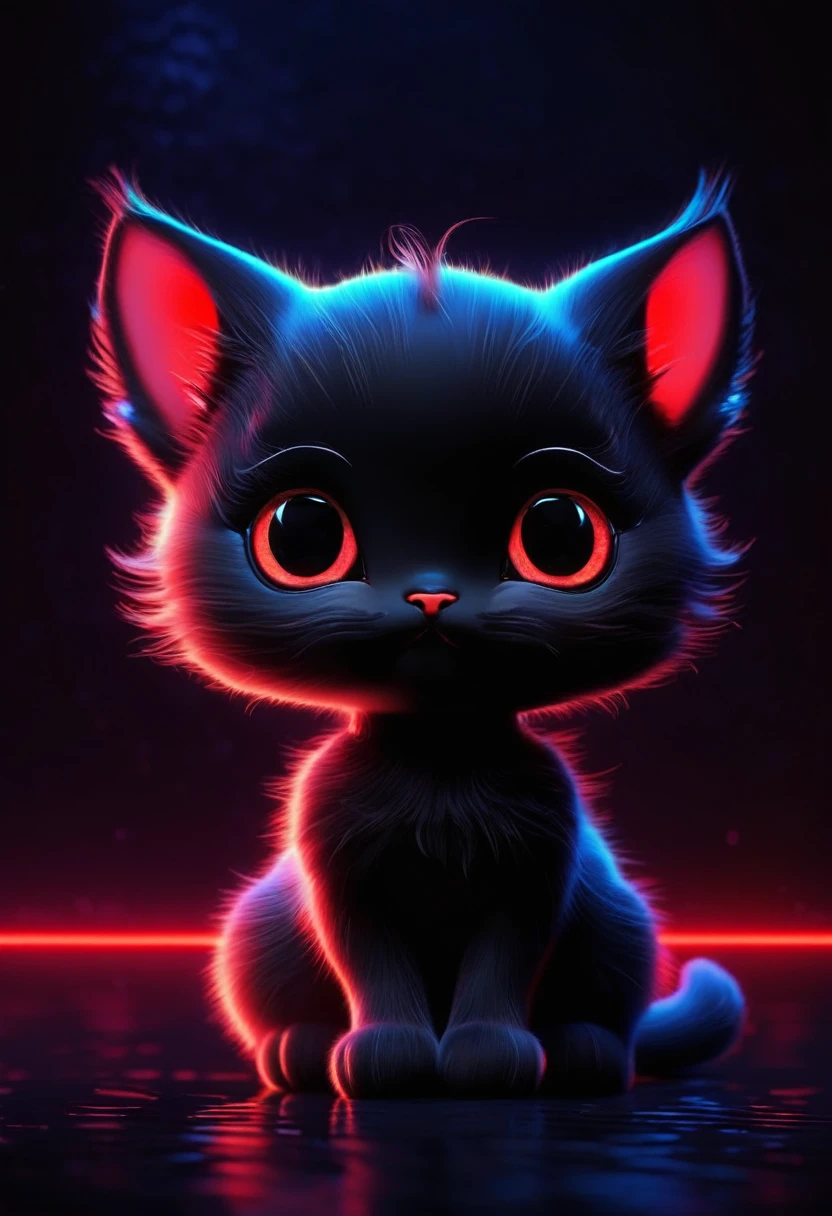 Small full black Baby cute cat,baby cute cat in dark night and cat eye is glowing red light, high quality,high resolution,neon background