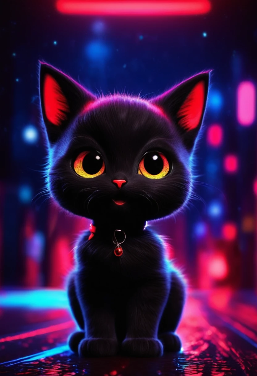 Small full black Baby cute cat,baby cute cat in dark night and cat eye is glowing red light, high quality,high resolution,neon background