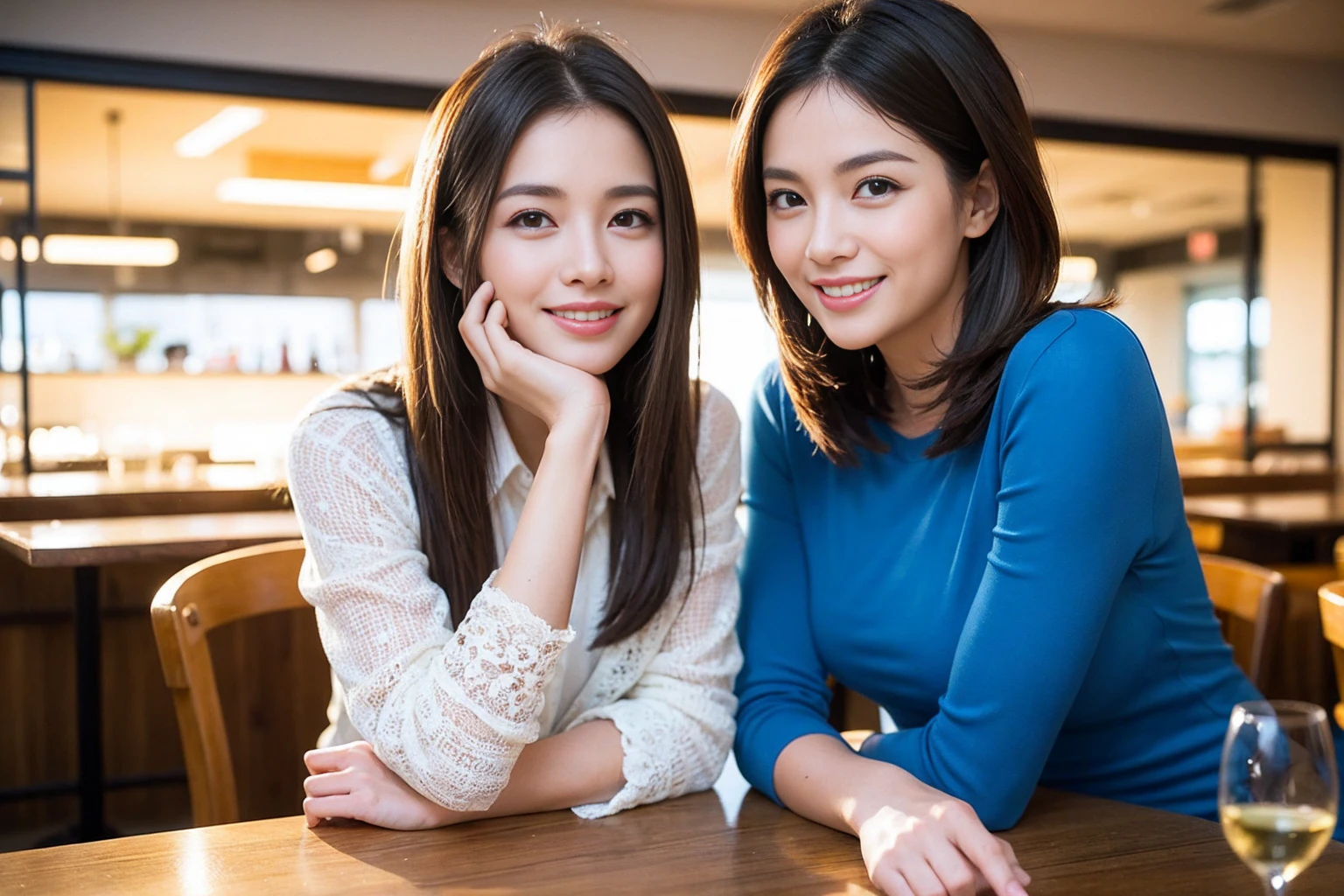 ((Highest quality、8K、masterpiece:1.3))、最高のsmile、1 male 1 female、Beautiful couple、love love love、Lovers in Paris、Good friends、actress couple、smile、Full-course dinner at a packed table、Brown Hair Couple、The body is スリム、((Bob Hale、Straight hair:1.2)), (Realistic, Intricate details:1.2), Wine glasses on the table、Shine light on your face、 Amazing view of the sunset sky and clouds、A bright smile、The wonderfulness of smile、Bright image、The beauty of wine, Beautiful Face, blue eyes, The light shines on your face, Blushing, short hair,Bright Face、 (Age 37), 39 years old, red wine 、Wine bottle、Champagne、sparkling wine、Two beauties、Brown Hair、Shortcuts、Long sleeve shirt、dress、Beautiful woman 1, (Slim face), (The body is スリム), (Brown Hair), (Shortcuts), cheeks turn a little red,Attractive beauty、restaurant,