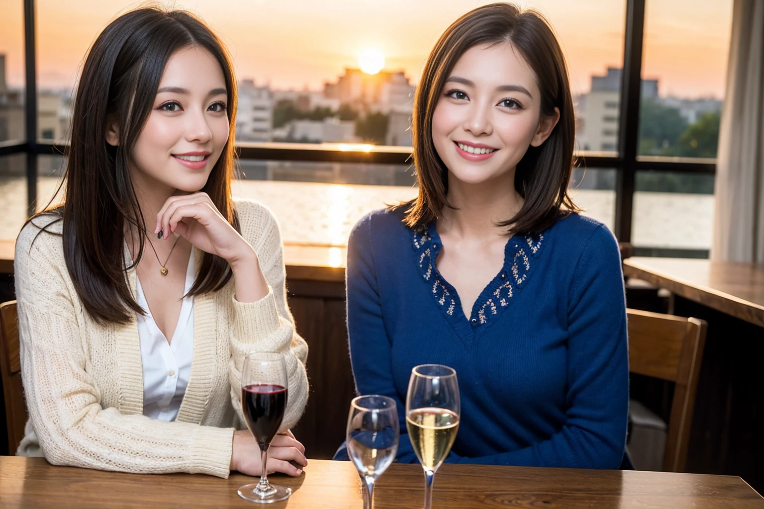 ((Highest quality、8K、masterpiece:1.3))、最高のsmile、1 male 1 female、Beautiful couple、love love love、Lovers in Paris、Good friends、actress couple、smile、Full-course dinner at a packed table、Brown Hair Couple、The body is スリム、((Bob Hale、Straight hair:1.2)), (Realistic, Intricate details:1.2), Wine glasses on the table、Shine light on your face、 Amazing view of the sunset sky and clouds、A bright smile、The wonderfulness of smile、Bright image、The beauty of wine, Beautiful Face, blue eyes, The light shines on your face, Blushing, short hair,Bright Face、 (Age 37), 39 years old, red wine 、Wine bottle、Champagne、sparkling wine、Two beauties、Brown Hair、Shortcuts、Long sleeve shirt、dress、Beautiful woman 1, (Slim face), (The body is スリム), (Brown Hair), (Shortcuts), cheeks turn a little red,Attractive beauty、restaurant, 