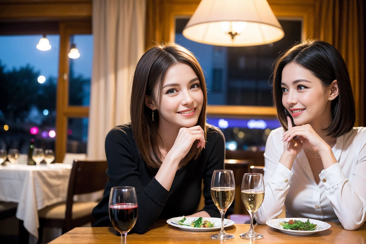 ((Highest quality、8K、masterpiece:1.3))、最高のsmile、1 male 1 female、Beautiful couple、love love love、Lovers in Paris、Good friends、actress couple、smile、Full-course dinner at a packed table、Brown Hair Couple、The body is スリム、((Bob Hale、Straight hair:1.2)), (Realistic, Intricate details:1.2), Wine glasses on the table、Shine light on your face、 Amazing view of the sunset sky and clouds、A bright smile、The wonderfulness of smile、Bright image、The beauty of wine, Beautiful Face, blue eyes, The light shines on your face, Blushing, short hair,Bright Face、 (Age 37), 39 years old, red wine 、Wine bottle、Champagne、sparkling wine、Two beauties、Brown Hair、Shortcuts、Long sleeve shirt、dress、Beautiful woman 1, (Slim face), (The body is スリム), (Brown Hair), (Shortcuts), cheeks turn a little red,Attractive beauty、restaurant, 