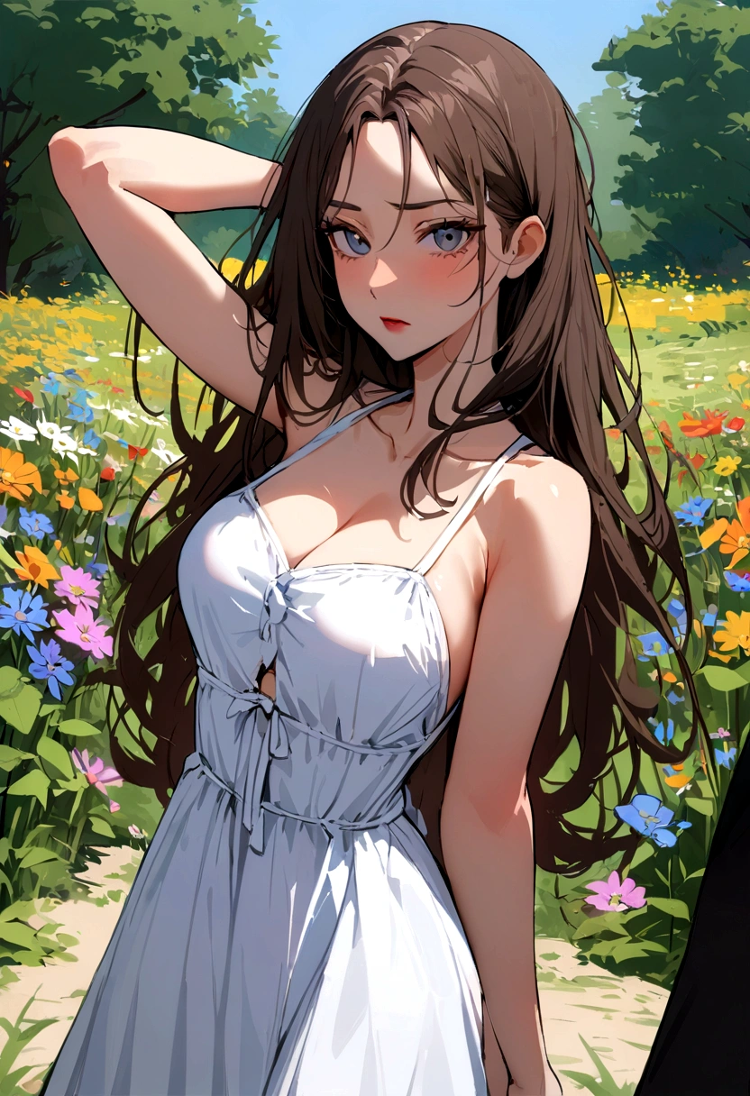 (Highest quality)),((masterpiece)),((Real Stick)),(Detailed), Anna on the Arm, Adult, , rough, Powerful, Cheating, (Looking into the camera), Sundress, Wildflowers,