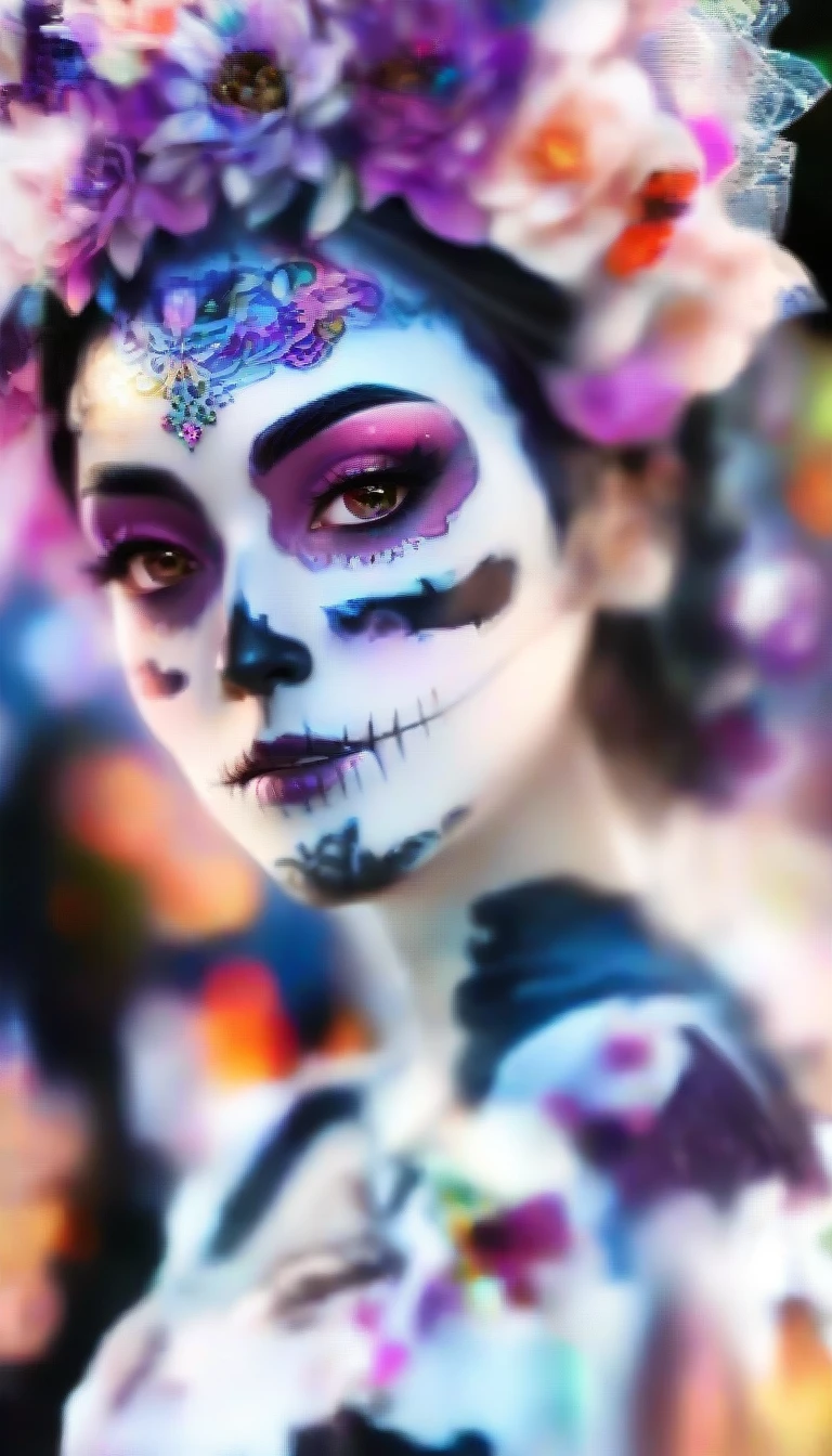 (best quality, 8K, Masterpiece: 1.3)), Sharp focus: 1.2, A beautiful woman with a perfect figure. Highly detailed facial and skin textures, Detailed eyes, Double eyelids, smile, look at viewer, purple short hair, upper body, put on makeup, blurry background, white skin, Face Paint, white skin, Black Wedding Dress, Holding equipment, Zombies, light purple lips, __background__ Full of busy people