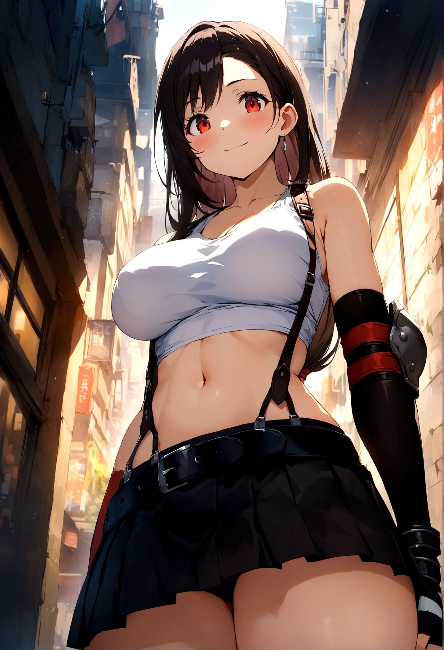 score_9, score_8_up, score_7_up,score_6, score_5,4k,BREAK , (from front:1),from below,,standing,straight-on,(arms in sides),,(upperbody),looking_at_viewer ,1girl, tifa lockhart, final fantasy, tareme,black hair, low-tied long hair, red eyes, bangs, (white tank top, belt, pleated skirt, thighhighs, elbow fingerless gloves, elbow pads, midriff, navel,suspender skirt),pantiesshot ,large_,(light smile), waist,,Solo,,(daytime and beachside and city),detailed skin,(best quality),(aesthetic,very aesthetic),UHD,HDR,intricate detailed,anime,highly detailed,sharp focus,depth of field,,professional lighting,cinematic lighting, , 　　
