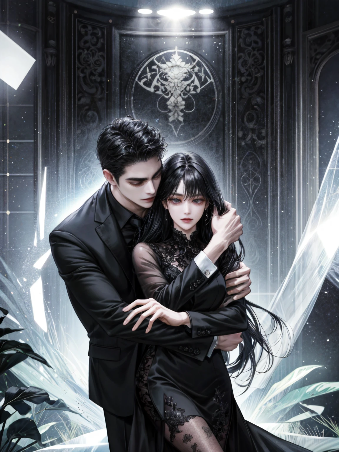 best quality,outstanding,A couple hugging together,The man hugged the woman from behind。Woman with long black hair,cry。Man with short black hair wearing suit,Poker face。Overbearing CEO,Novel cover,Beautiful and delicate face,HD,Light and Shadow,High quality details