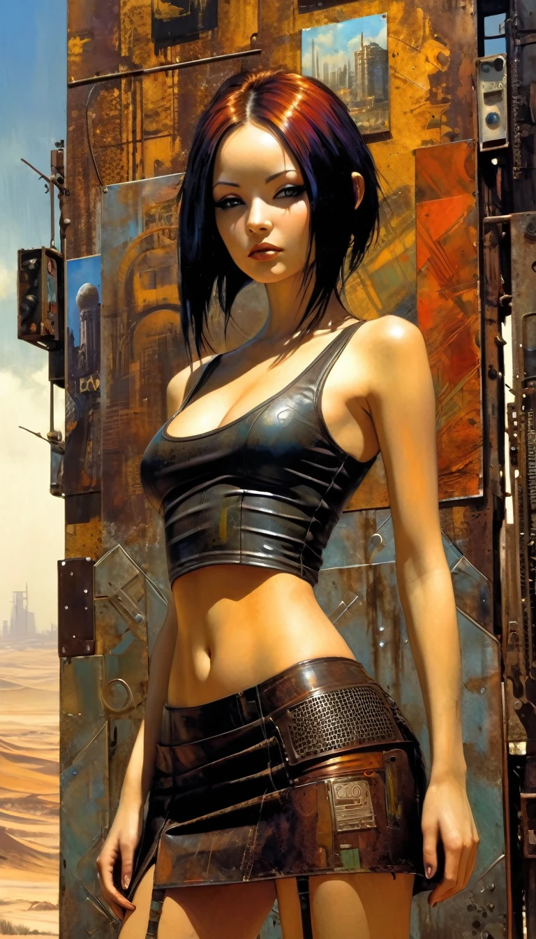 a girl in a leather miniskirt and tight tank top,pronounced nipples,advertising signs in the desert,rusty smooth metal panels with screwed and welded parts,in the distance can see a futuristic city,(best quality,4k,8k,highres,masterpiece:1.2),ultra-detailed,(realistic,photorealistic,photo-realistic:1.37),concept art,cyberpunk,vibrant colors,dramatic lighting,cinematic,moody atmosphere (art inspired by Dave Mckean, details intricate, oil painting)
