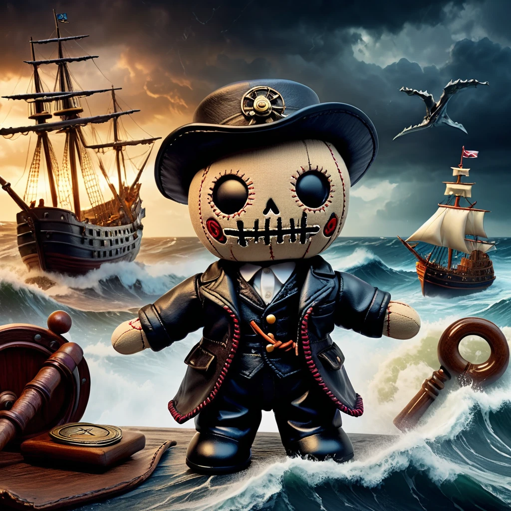 (knitted toy voodoo doll:1.6), (Voodoo Dark Pilot:1.3), (clothes Long leather coat, cocked hat:1.0), (Spyglass, sea map:1.1) (in the background Stormy sea with crashing waves and mysterious ships:1.3), best quality, masterpiece, detailed soft oil painting, detailed background, dramatic cinematic lighting, soft edge lighting, professional, dramatic lighting, hard edge lighting, ultra quality, 4k, masterpiece, best quality, 8k, ultra high definition, high resolution, extremely detailed