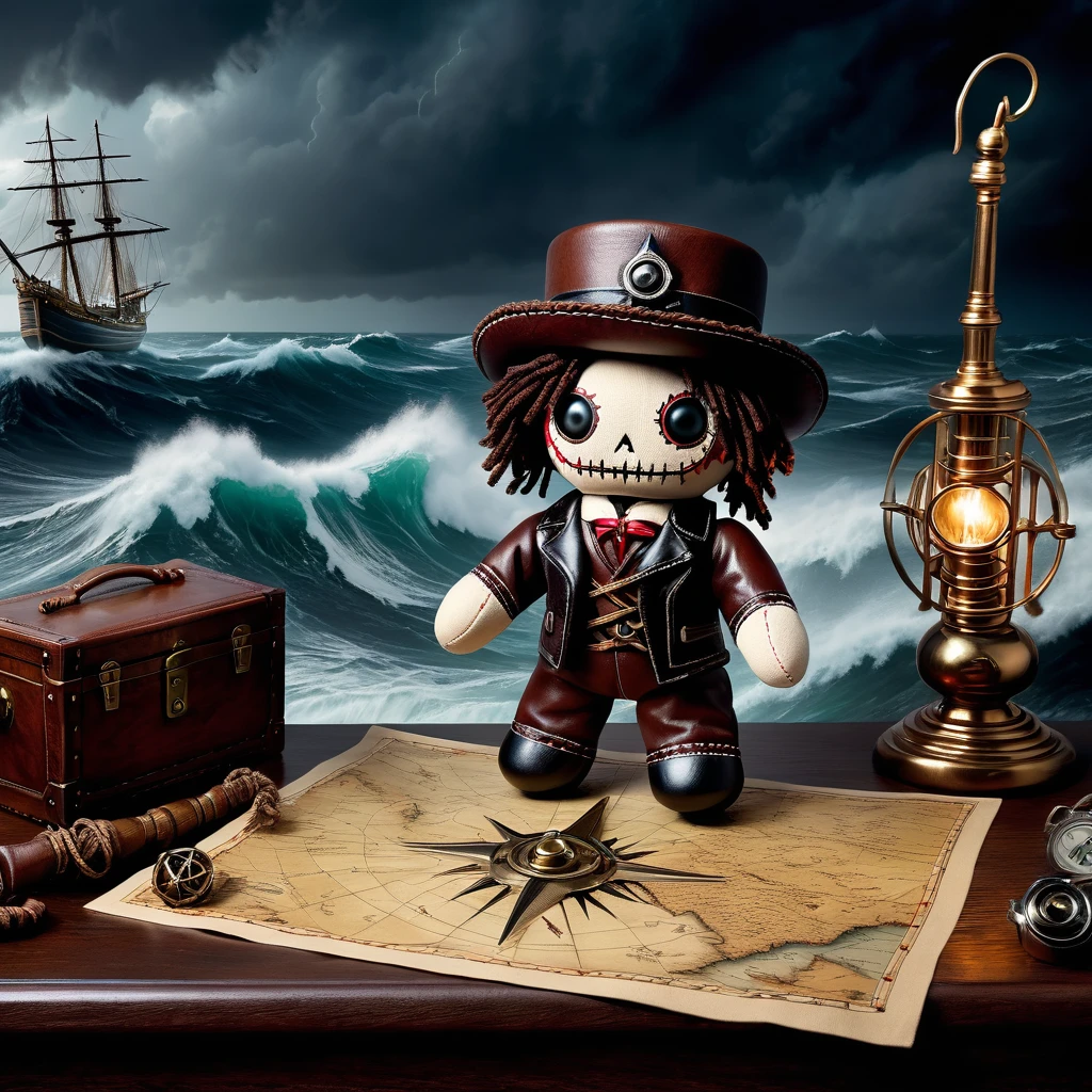 (knitted toy voodoo doll:1.6), (Voodoo Dark Pilot:1.3), (clothes Long leather coat, cocked hat:1.0), (Spyglass, sea map:1.1) (in the background Stormy sea with crashing waves and mysterious ships:1.3), best quality, masterpiece, detailed soft oil painting, detailed background, dramatic cinematic lighting, soft edge lighting, professional, dramatic lighting, hard edge lighting, ultra quality, 4k, masterpiece, best quality, 8k, ultra high definition, high resolution, extremely detailed