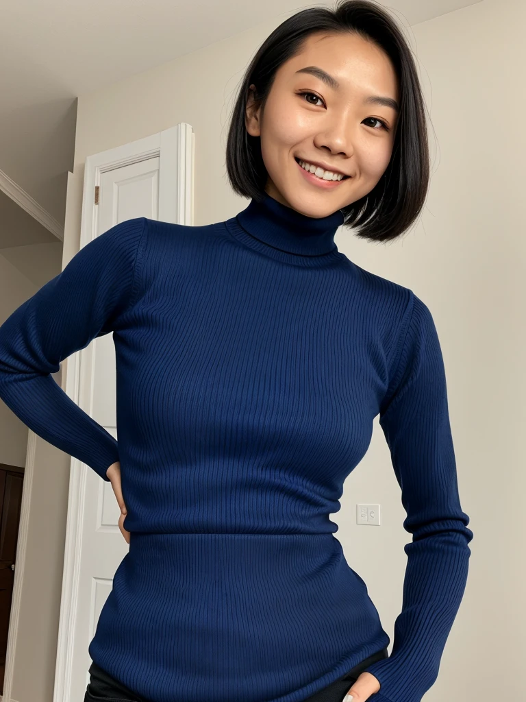 photo of a skinny asian teen submissive wife, bob style hair, She wears: (turtleneck high ribbed dark blue tight sweater:1.1), submissive seductive pose, high tight ribbed neck, seductive smile, perfect fake tits, turtleneck top