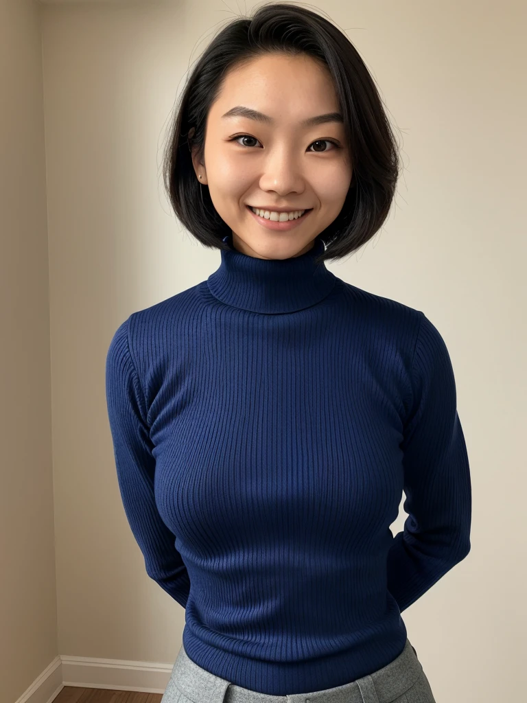 photo of a skinny asian teen submissive wife, bob style hair, She wears: (turtleneck high ribbed dark blue tight sweater:1.1), submissive seductive pose, high tight ribbed neck, seductive smile, perfect fake tits, turtleneck top