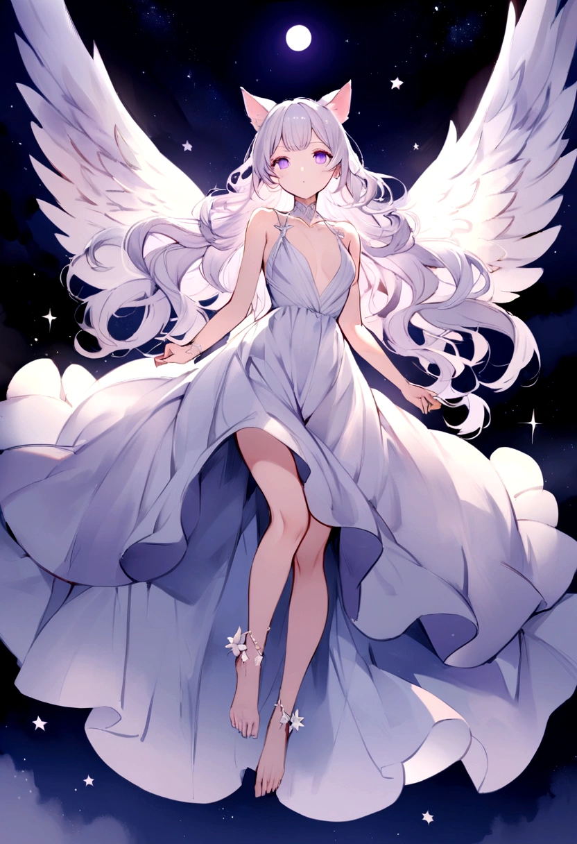 Like watercolor,View from chest up,A delicate and elegant girl, Long wavy hair that reaches the knees,White hair is very attractive, Detailed and precise manual work, Attractive girl, White cat ears, look at me, Purple eyes and white eyelashes,Her cheeks turned red,Big angel wings, A subject that stands out against the dark night sky,Girl surrounded by purple flowers, White Dress, Dramatic moonlight that makes your subject stand out,star,惑star, barefoot,Ankle decoration,floating、Night Sky Girl。