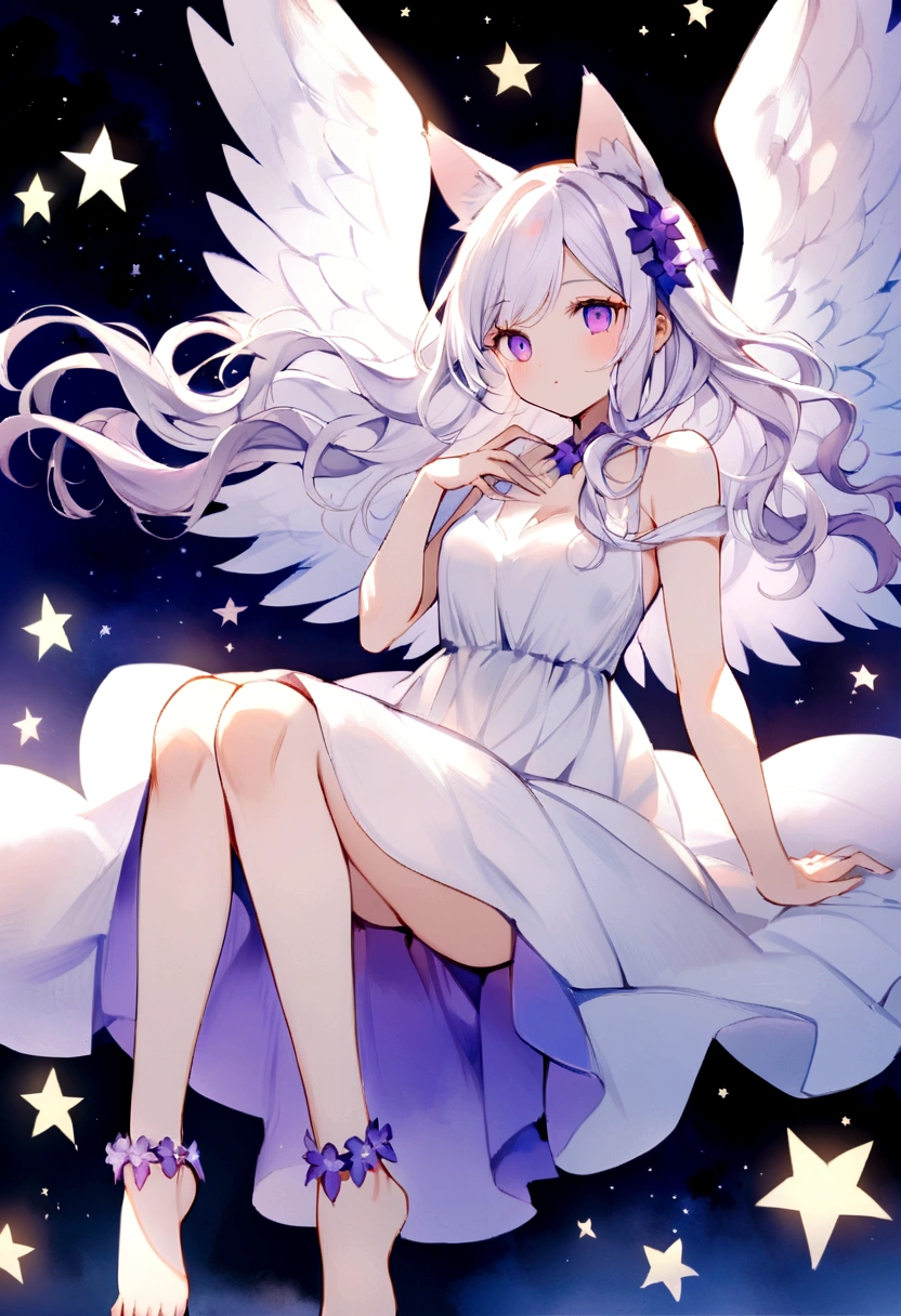 Like watercolor,View from chest up,A delicate and elegant girl, Long wavy hair that reaches the knees,White hair is very attractive, Detailed and precise manual work, Attractive girl, White cat ears, look at me, Purple eyes and white eyelashes,Her cheeks turned red,Big angel wings, A subject that stands out against the dark night sky,Girl surrounded by purple flowers, White Dress, Dramatic moonlight that makes your subject stand out,star,惑star, barefoot,Ankle decoration,floating、Night Sky Girl。