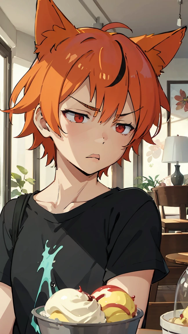 1man, v-shaped eyebrows, short hair, orange hair, red eyes, fox ears, annoyed face, wallpaper, landscape, depth of field, morning, living room, glance right, holding a ice cream, light particles, light rays, sidelighting, (black t-shirt:1.2), red shorts