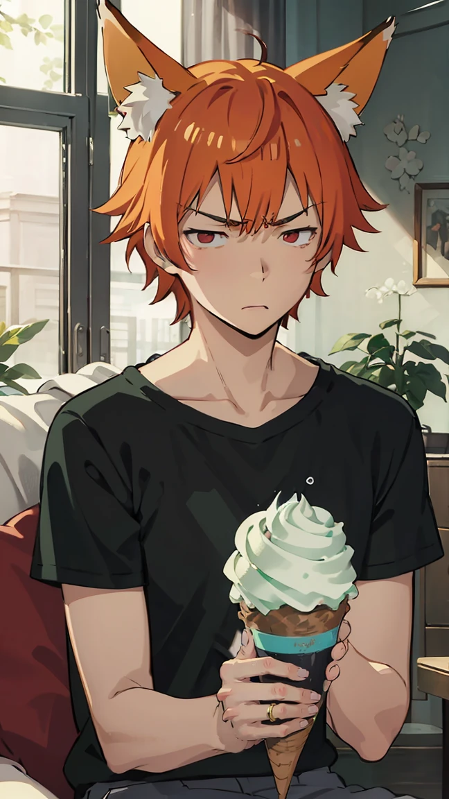 1man, v-shaped eyebrows, short hair, orange hair, red eyes, fox ears, annoyed face, wallpaper, landscape, depth of field, morning, living room, glance right, holding a ice cream, light particles, light rays, sidelighting, (black t-shirt:1.2), red shorts