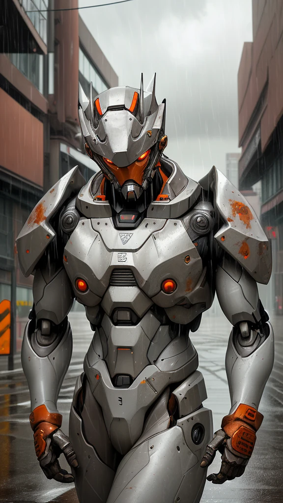 Alpha Male Portrait Photo, Perfect eyes, Wearing gray mecha suit,, (Steel Metal [rust]), elegant, sharp focus, photography：Greg Rutkoski, Soft Light, bright colors, masterpiece, ((street)), Cowboy shooting, dynamic poses, The rain is falling，Outside the street，cloudy day，Heavy rain