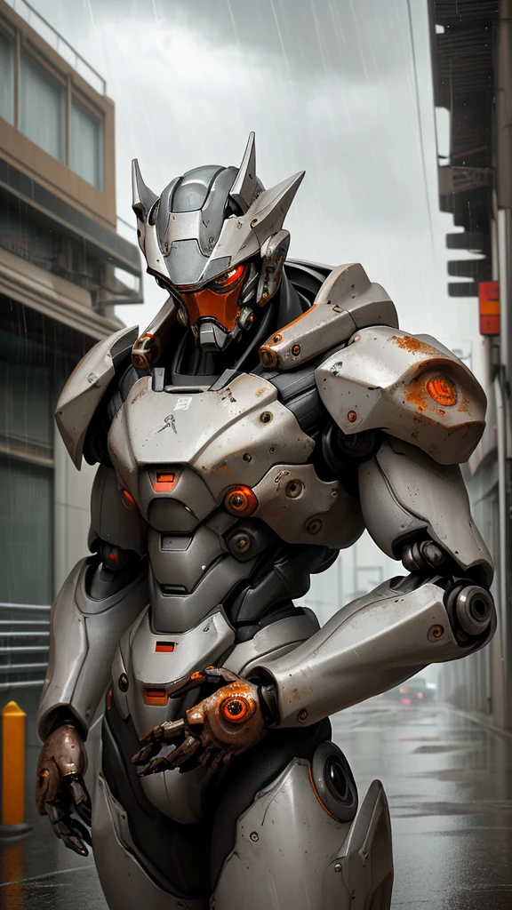 Alpha Male Portrait Photo, Perfect eyes, Wearing gray mecha suit,, (Steel Metal [rust]), elegant, sharp focus, photography：Greg Rutkoski, Soft Light, bright colors, masterpiece, ((street)), Cowboy shooting, dynamic poses, The rain is falling，Outside the street，cloudy day，Heavy rain