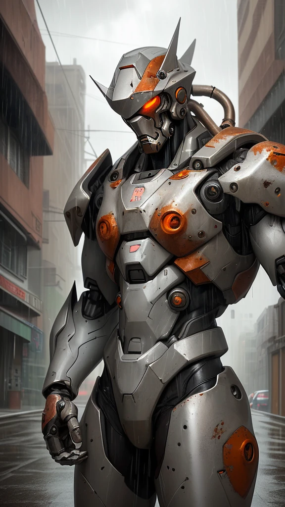 Alpha Male Portrait Photo, Perfect eyes, Wearing gray mecha suit,, (Steel Metal [rust]), elegant, sharp focus, photography：Greg Rutkoski, Soft Light, bright colors, masterpiece, ((street)), Cowboy shooting, dynamic poses, The rain is falling，Outside the street，cloudy day，Heavy rain