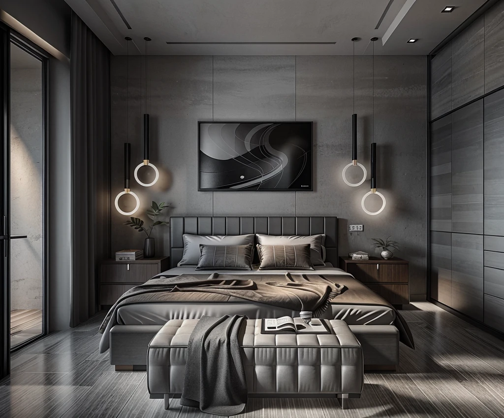 modern bedroom, (supper detail:1.2), brown luxury bed, combo tropical style poter on the wall, marble floor, 1 big abtract poster on the wall, warm light