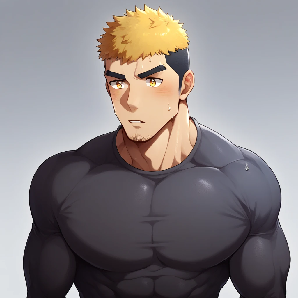 anime characters:Gyee, Muscle Sports Student, 1 muscular tough guy, Manliness, male focus, Light yellow high collar long sleeve tight T-shirt, Very tight, The clothes were soaked with sweat, The pectoral muscles are oversized, Slightly transparent, muscular male, muscular, only, Upper body, alone, Black short hair, Thick eyebrows, stubble, Yellow eyes, Grey background, simple background, amazing quality, best aesthetics, Ridiculous, bright pupils, crew cut, parted lips, shy, blush, drop shadow, best quality