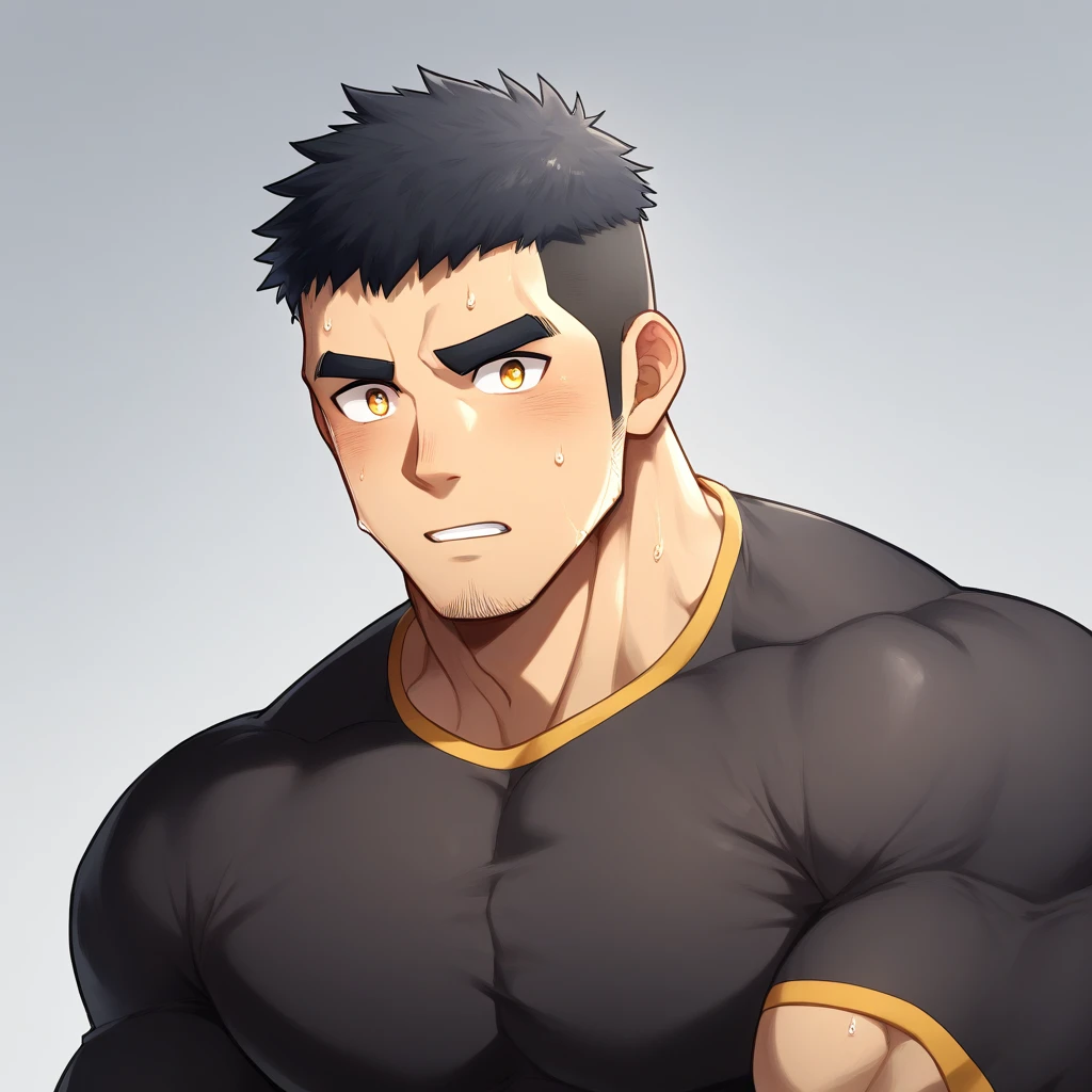 anime characters：Gyee, Muscle Sports Student, 1 muscular tough guy, Manliness, male focus, Light yellow high collar long sleeve tight T-shirt, Very tight, The clothes were soaked with sweat, The pectoral muscles are oversized, Slightly transparent, muscular male, muscular, only, Upper body, alone, Black short hair, Thick eyebrows, stubble, Yellow eyes, Grey background, simple background, amazing quality, best aesthetics, Ridiculous, bright pupils, crew cut, parted lips, shy, blush, drop shadow, best quality