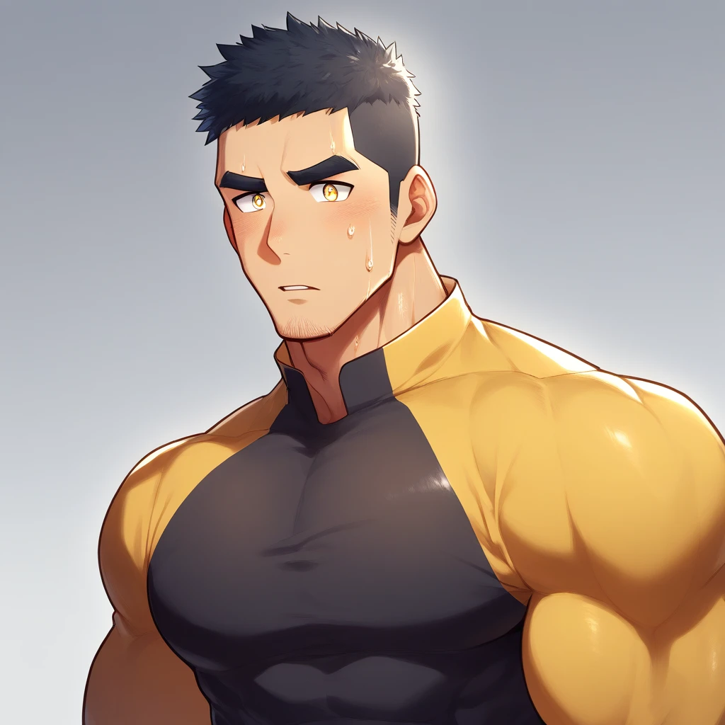anime characters:Gyee, Muscle Sports Student, 1 muscular tough guy, Manliness, male focus, Light yellow high collar long sleeve tight T-shirt, Very tight, The clothes were soaked with sweat, The pectoral muscles are oversized, Slightly transparent, muscular male, muscular, only, Upper body, alone, Black short hair, Thick eyebrows, stubble, Yellow eyes, Grey background, simple background, amazing quality, best aesthetics, Ridiculous, bright pupils, crew cut, parted lips, shy, blush, drop shadow, best quality
