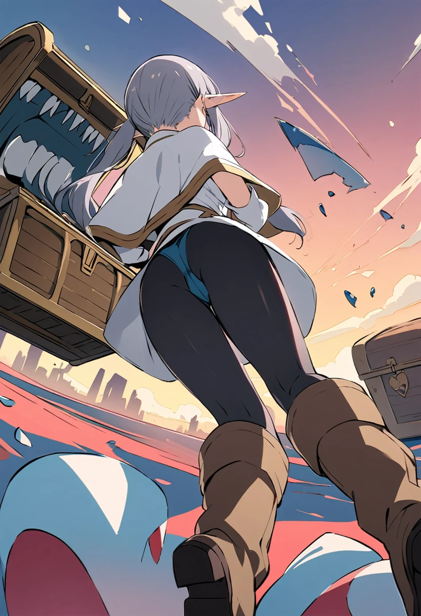 masterpiece, Highest quality, Illustration of the novel, High resolution,  , Sensual, Intimate, Emotional, Passionate, romantic, sweet, Adorable, Innocent, Pure, Charmな, Charmな, Charm, mysterious, Charmな, Charmな, Immersive, Charmな, dream-like, Surreal, Imaginative, Whimsical, Artistic, Avant-garde, timeless, elegant, Sophisticated, chic, Sophisticated, personality, original, Charmな氷結, Pointed Ears, One girl, Twin tails, Gray Hair, alone, Black pantyhose tearing, boots, Brown footwear, Capelet, knee boots, Magic wand, white Capelet, White jacket, Breaking, teeth, teeth focus, , , ((Mimic :1.3))Destroy,