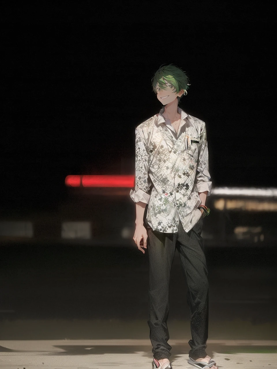 solo, japanese clothes, virtual youtuber, 1boy, male focus, green hair, blue eyes, white background, kimono, full body, hand fan, tabi, folded fan, looking at viewer, simple background, sandals, folding fan, holding, holding fan, smile, haori, hair between eyes, standing