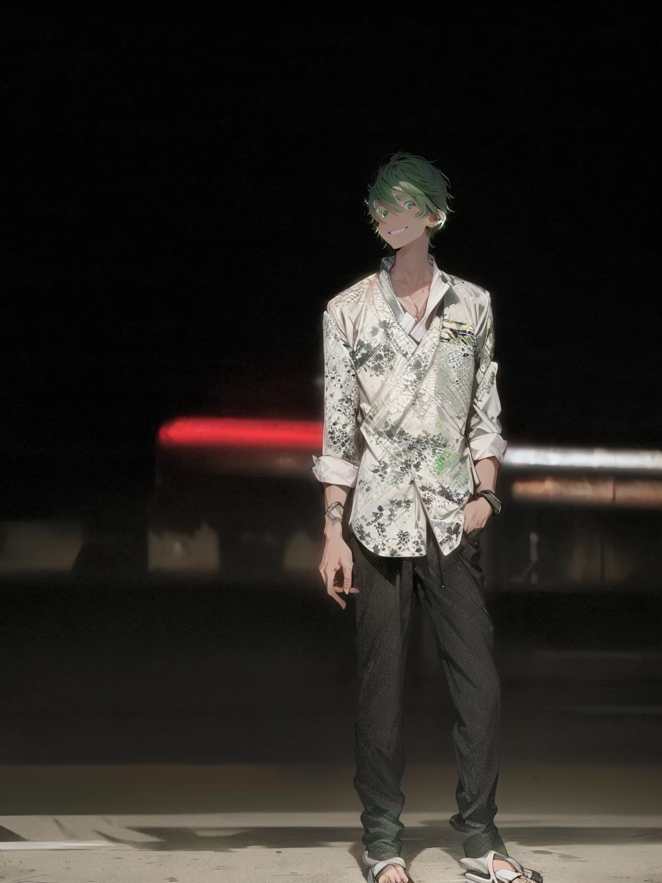 solo, japanese clothes, virtual youtuber, 1boy, male focus, green hair, blue eyes, white background, kimono, full body, hand fan, tabi, folded fan, looking at viewer, simple background, sandals, folding fan, holding, holding fan, smile, haori, hair between eyes, standing