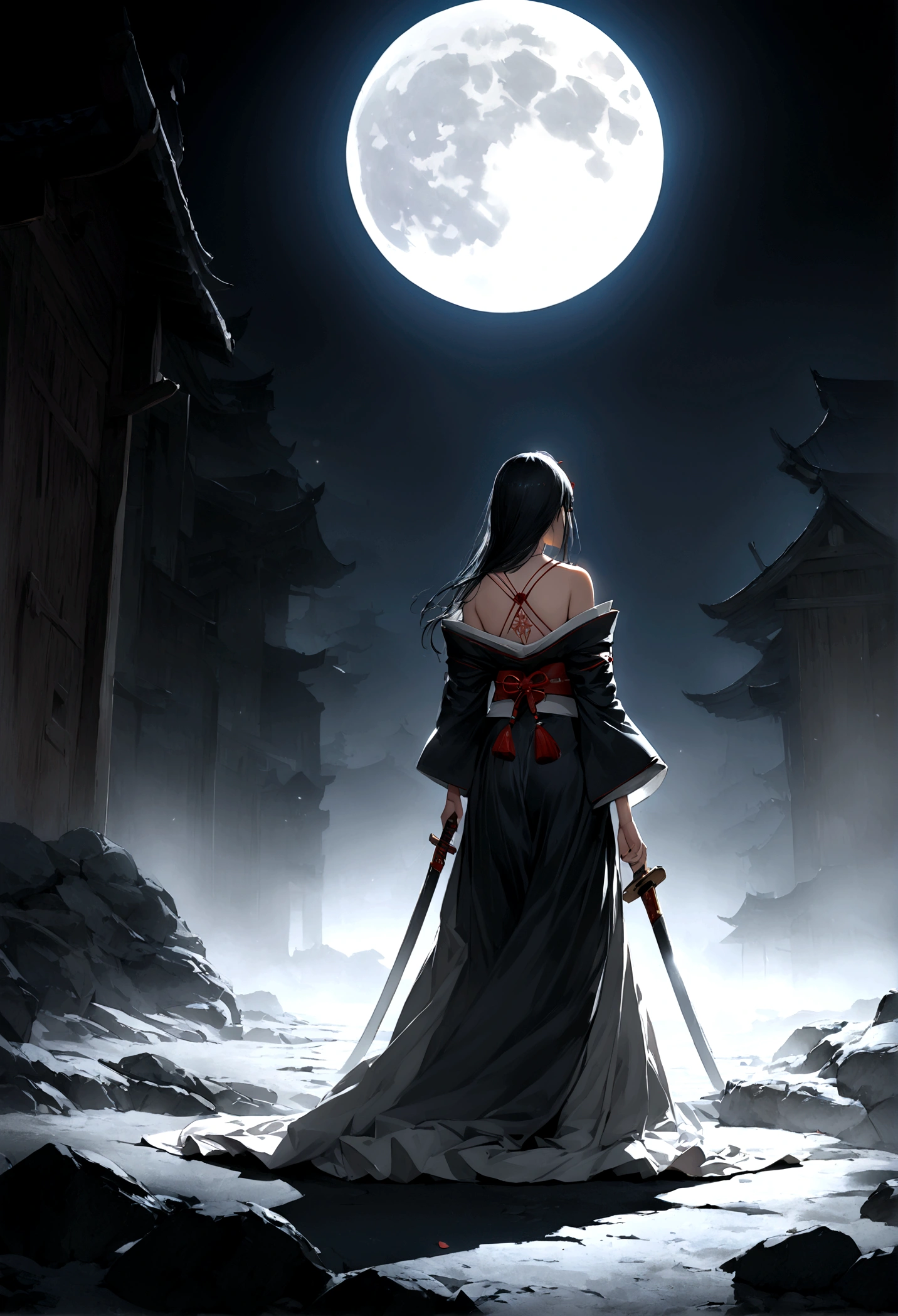 (masterpiece:1,2), best quality, masterpiece, highres, original, extremely detailed wallpaper, perfect lighting,geisha, kimono,Bare shoulder,back,Turn back,tattoo,(((Black and white))),Extreme detail,solo,Cold eyes,look up,Glowing eyes,byobu,moon,Black hair,petal, Anime girl standing in front of the moon, looking at the camera, dressed in a crusader's armor with a Christian cross on her breastplate, resting her hand on a large two-handed sword whose edge is set in the ground, black bluish hair, white black hair, glowing eyes :: photorealistic, high detail, ultra-realistic :: Studio Ghibli, Makoto Shinkai, Yoshitaka Amano inspirations :: cinematic lighting, moonlit night, dramatic shadows :: 8k resolution, sharp focus, depth of field
