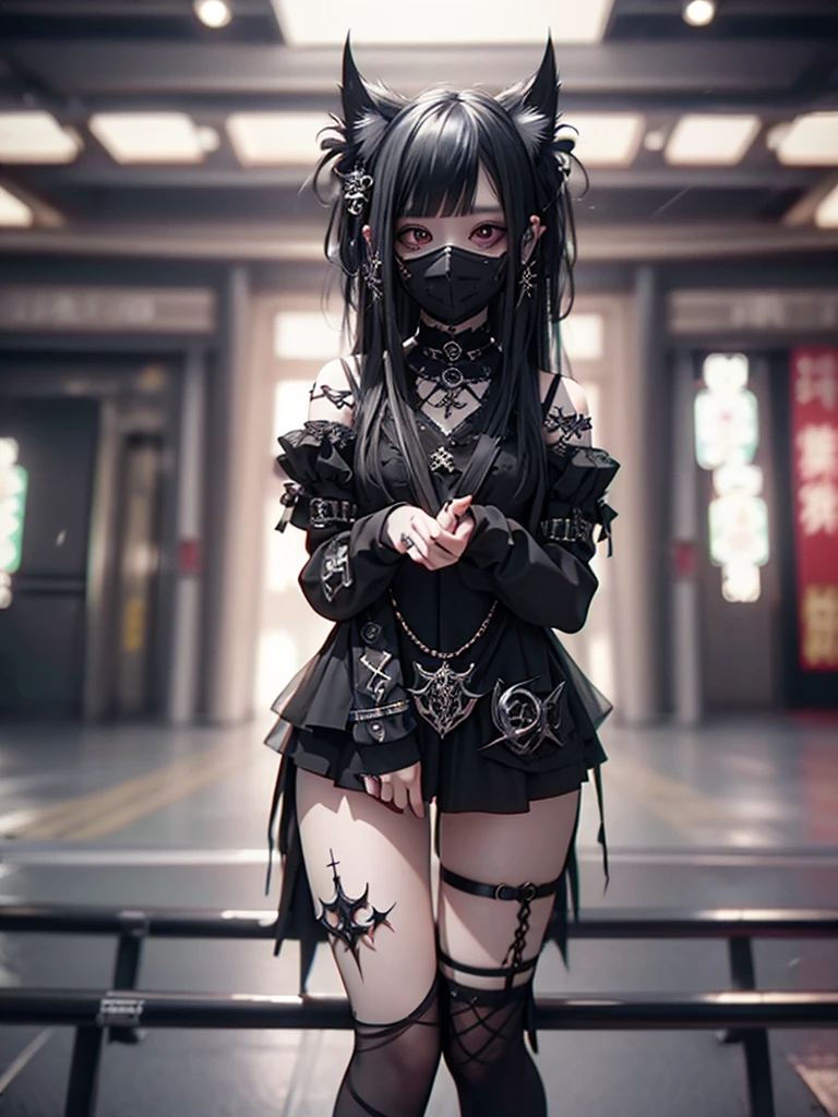 Highest quality、8K、masterpiece：1.3、Gothic Punk、The inside color is red、Black-haired、hair ornaments、Beautiful girl、creative、Dark Fantasy Style、Neogoth、Goth Fashion：1.2、High resolution、masterpiece、Highest quality、頭w:1.3、((Hasselblad Photos))、Fine skin、Sharp focus、(Cinematic lighting)、Realistic textured hair、((Black Mask)),Esbian all over、((View from below))