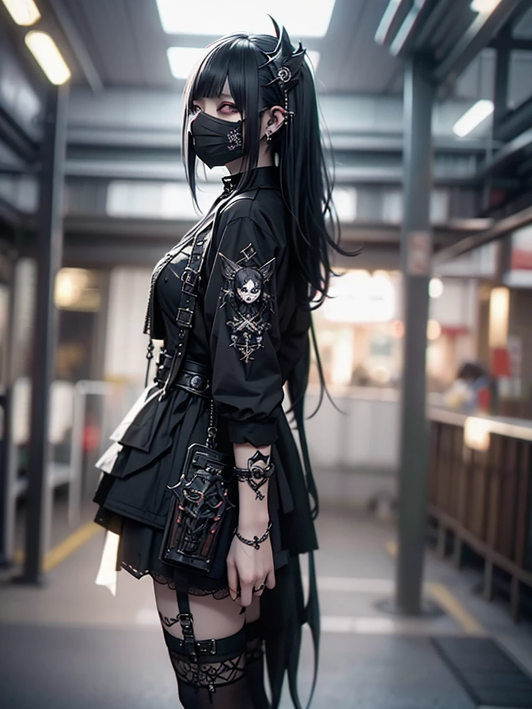 Highest quality、8K、masterpiece：1.3、Gothic Punk、The inside color is red、Black-haired、hair ornaments、Beautiful girl、creative、Dark Fantasy Style、Neogoth、Goth Fashion：1.2、High resolution、masterpiece、Highest quality、頭w:1.3、((Hasselblad Photos))、Fine skin、Sharp focus、(Cinematic lighting)、Realistic textured hair、((Black Mask)),Esbian all over、((View from below))