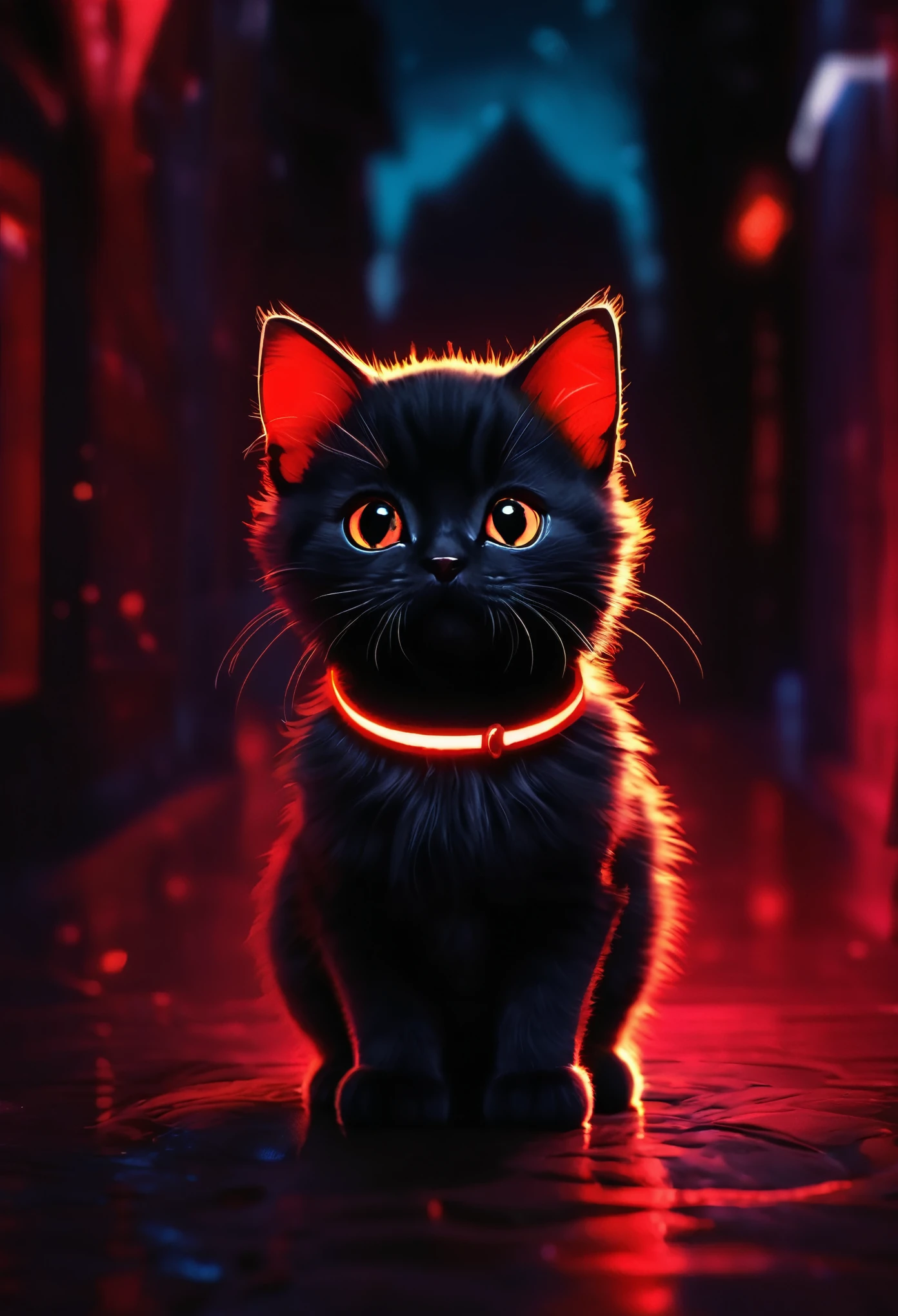 Small full black Baby cute cat,baby cute cat in dark night and cat eye is glowing red light, high quality,high resolution,neon background