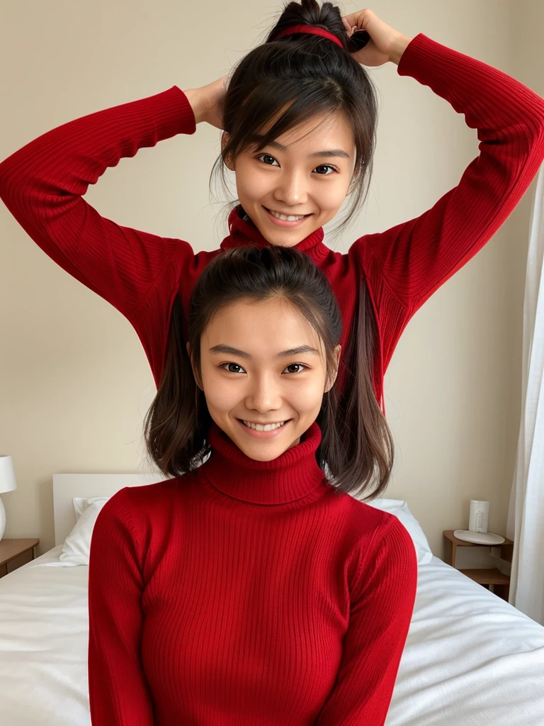 photo of a skinny cute asian teen submissive wife messy long hair thrown into a messy bun ponytail. She wears: (turtleneck high ribbed bright tight red sweater:1.1), submissive seductive pose, high tight ribbed neck, seductive smile, perfect fake tits, turtleneck top