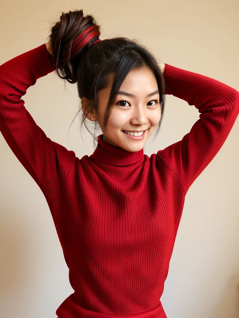 photo of a skinny cute asian teen submissive wife messy long hair thrown into a messy bun ponytail. She wears: (turtleneck high ribbed bright tight red sweater:1.1), submissive seductive pose, high tight ribbed neck, seductive smile, perfect fake tits, turtleneck top