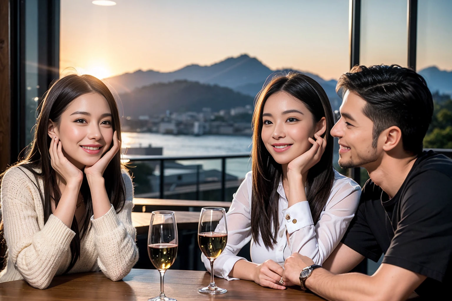 ((Highest quality、8K、masterpiece:1.3))、のsmile、1 male 1 female、Beautiful couple、love love love、Good friends、actressカップル、smile、Full-course dinner at a packed table、Brown Hair Couple、The body is slim、((Bob Hale、Straight hair:1.2)), (Realistic, Intricate details:1.2), テーブルの上のwine glass、Shine light on your face、 Amazing view of the sunset sky and clouds、Amazing mountain views、A bright smile、The wonderfulness of smile、Bright image、The beauty of wine, Beautiful Face, blue eyes, The light shines on your face, Blushing, short hair,Bright Face、 (Age 37), 39 years old, red wine 、Wine bottle、Champagne、sparkling wine、Two beauties、Brown Hair、Shortcuts、Long sleeve shirt、dress、Beautiful woman 1, (slimな顔), (The body is slim), (Brown Hair), (Shortcuts), cheeks turn a little red,Attractive beauty、restaurant, In a prominent place (From the waist up) Nova Frog Style, actress, model, Upper Body, White wine, slim, wine glass,
