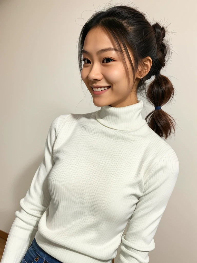 photo of a skinny cute asian teen submissive wife messy long hair thrown into a messy bun ponytail. She wears: (turtleneck high ribbed bright tight white sweater:1.1), submissive seductive pose, high tight ribbed neck, seductive smile, perfect fake tits, turtleneck top