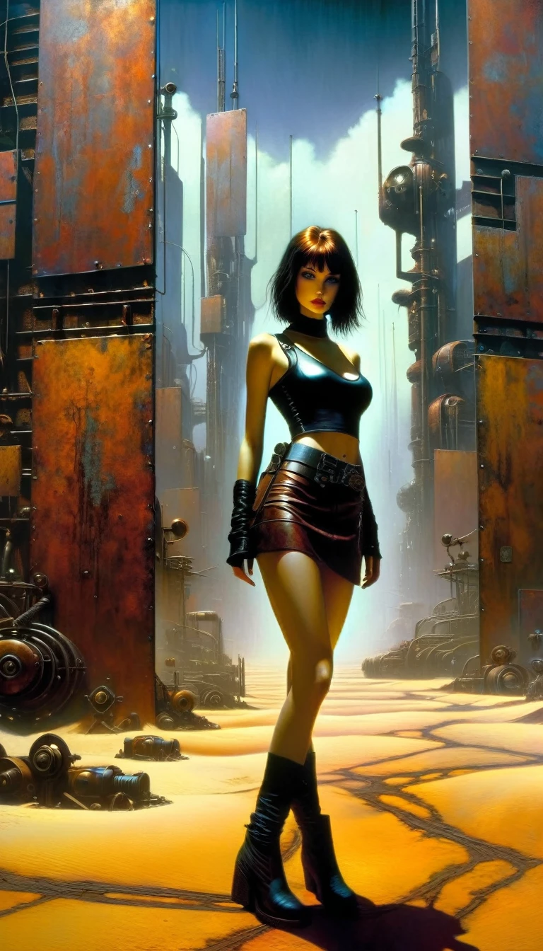 a girl in a leather miniskirt and tight tank top,pronounced nipples,advertising signs in the desert,rusty smooth metal panels with screwed and welded parts,in the distance can see a futuristic city,(best quality,4k,8k,highres,masterpiece:1.2),ultra-detailed,(realistic,photorealistic,photo-realistic:1.37),concept art,cyberpunk,vibrant colors,dramatic lighting,cinematic,moody atmosphere (art inspired by Dave Mckean, details intricate, oil painting)
