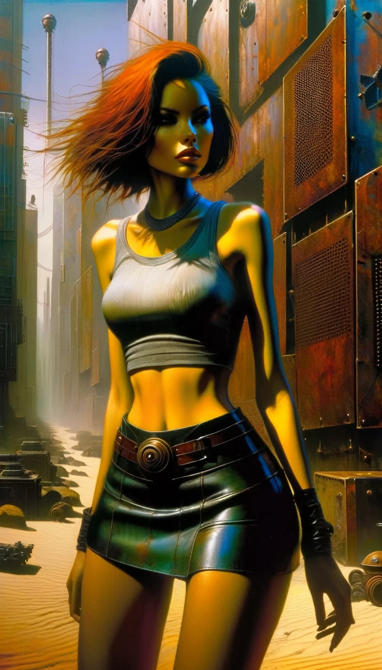 a girl in a leather miniskirt and tight tank top,pronounced nipples,advertising signs in the desert,rusty smooth metal panels with screwed and welded parts,in the distance can see a futuristic city,(best quality,4k,8k,highres,masterpiece:1.2),ultra-detailed,(realistic,photorealistic,photo-realistic:1.37),concept art,cyberpunk,vibrant colors,dramatic lighting,cinematic,moody atmosphere (art inspired by Dave Mckean, details intricate, oil painting)