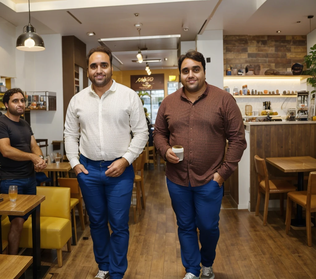 a 40-year-old man, , brown eyes and hair, 95kg, full body, Staff in the background , realistic, ultra-detailed, vivid colors, professional lighting, portrait, In a cafe, distracted photo