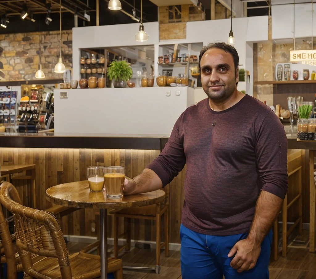 a 40-year-old man, , brown eyes and hair, 95kg, full body, Staff in the background , realistic, ultra-detailed, vivid colors, professional lighting, portrait, In a cafe, distracted photo 