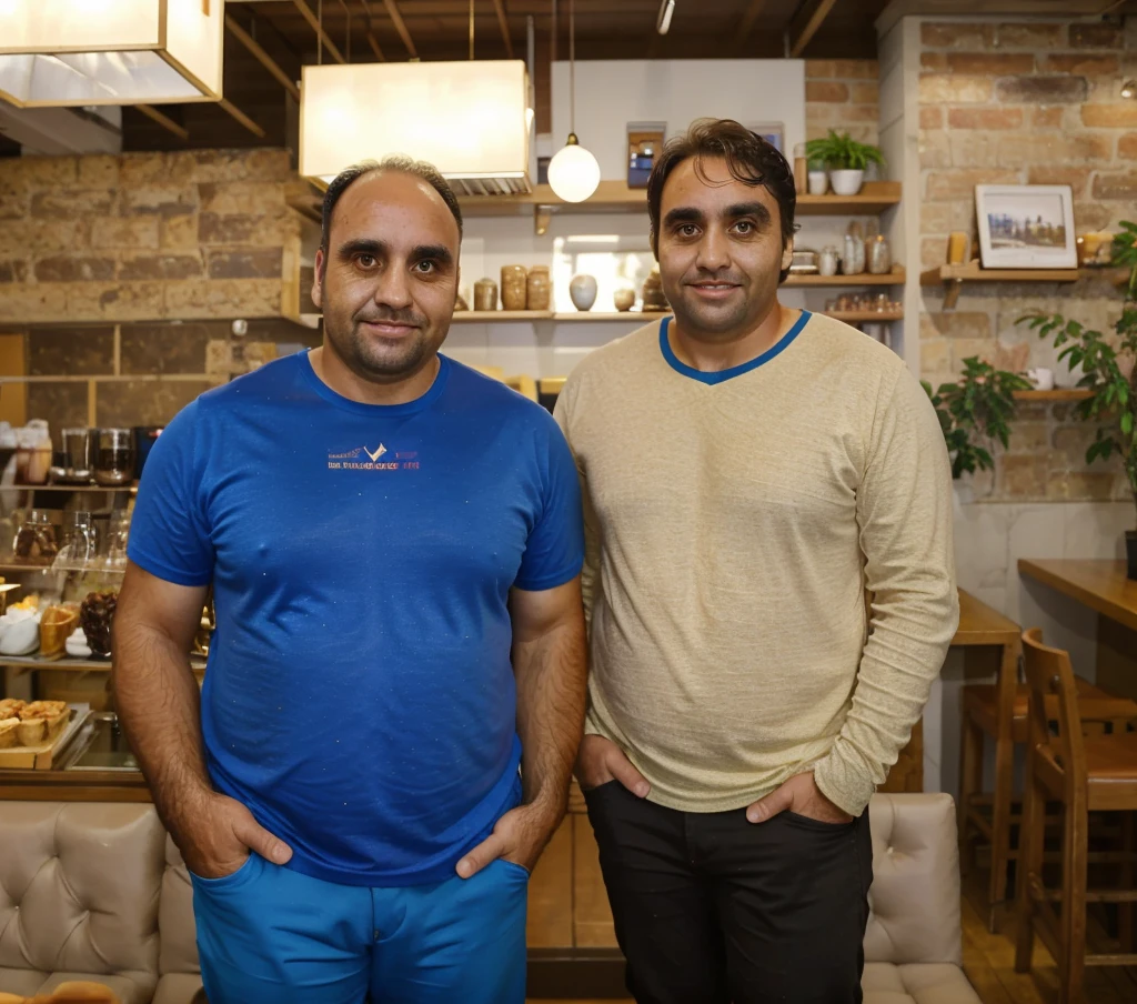 a 40-year-old man, , brown eyes and hair, 95kg, full body, Staff in the background , realistic, ultra-detailed, vivid colors, professional lighting, portrait, In a cafe, distracted photo 