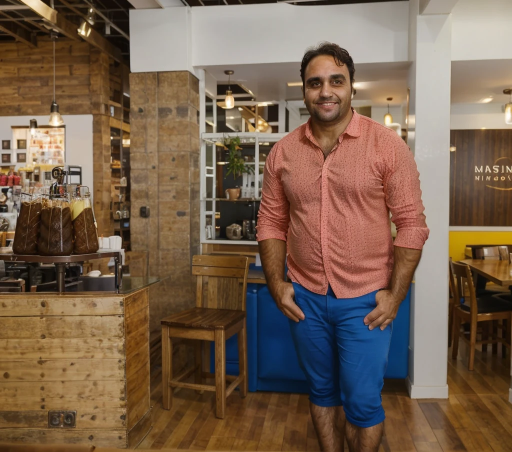 a 40-year-old man, , brown eyes and hair, 95kg, full body, Staff in the background , realistic, ultra-detailed, vivid colors, professional lighting, portrait, In a cafe, distracted photo 