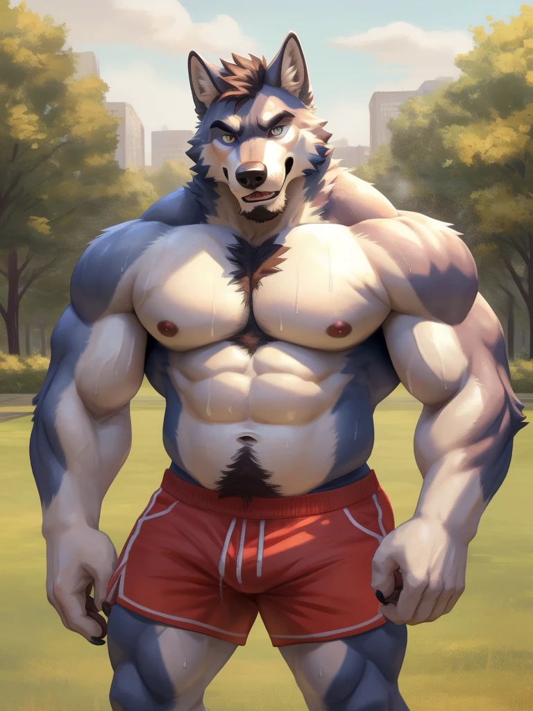 masterpiece, best quality, furry, wolf, handsome, masculine, sweaty, worker, bright pupils, bara, musk, musky, topless,shorts, standing, mid day, park, on field background