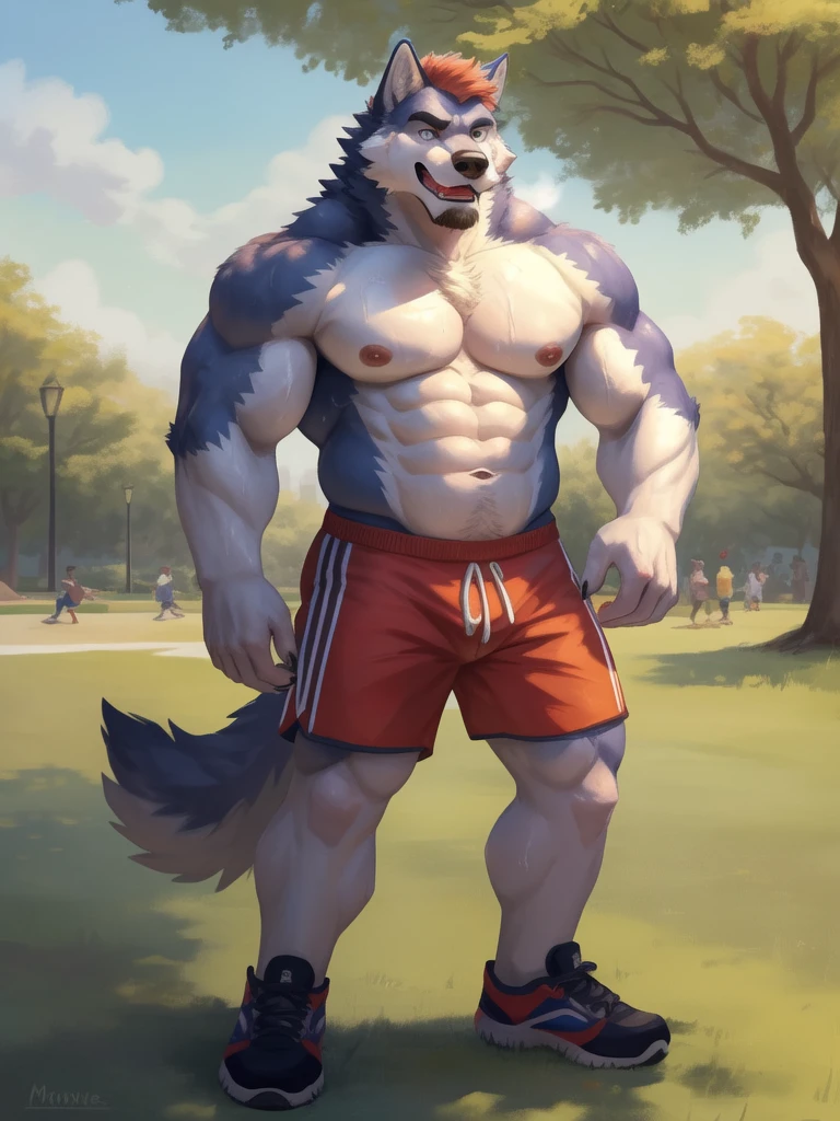 masterpiece, best quality, furry, wolf, handsome, masculine, sweaty, worker, bright pupils, bara, musk, musky, topless,shorts, standing, mid day, park, on field background