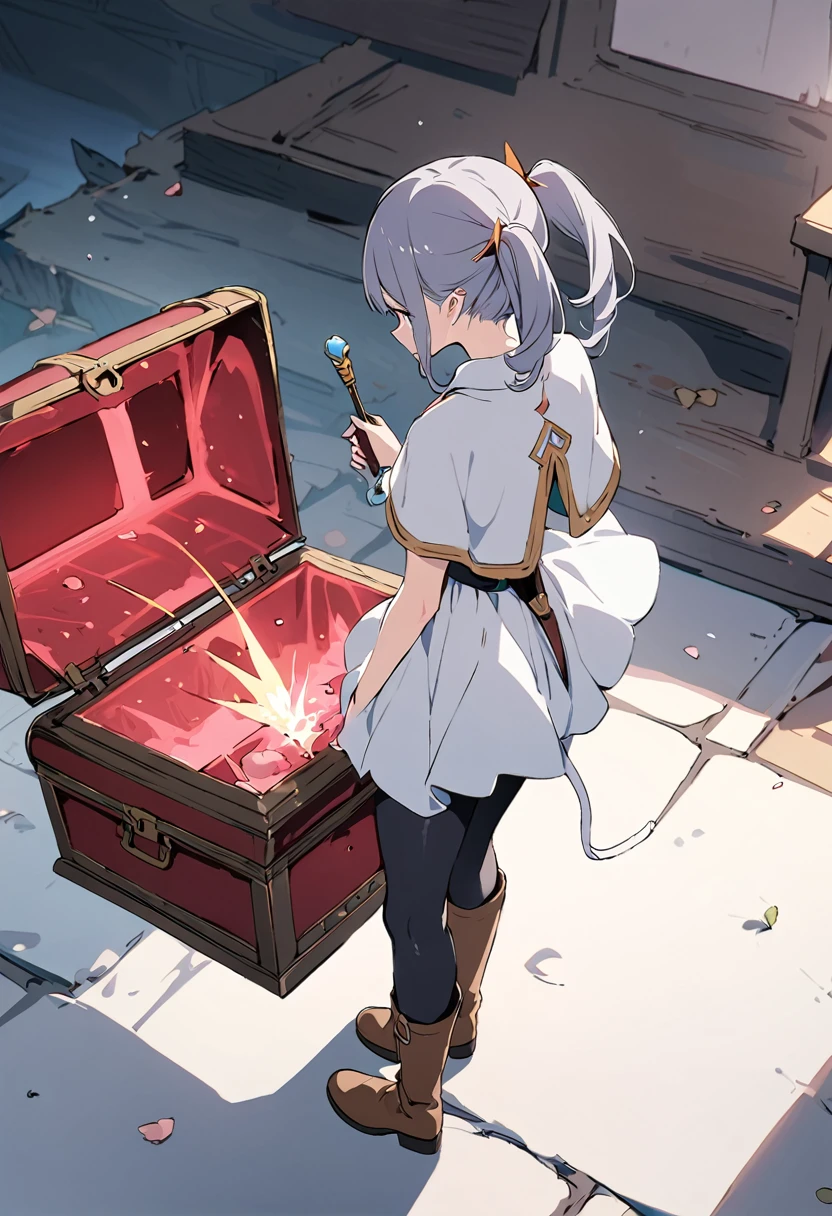 masterpiece, Highest quality, Illustration of the novel, High resolution, 18+ Adult content, Sensual, Intimate, Emotional, Passionate, romantic, sweet, Adorable, Innocent, Pure, charmな, charmな, charm, mysterious, charmな, charmな, Immersive, charmな, dream-like, Surreal, Imaginative, Whimsical, Artistic, Avant-garde, timeless, elegant, Sophisticated, chic, Sophisticated, Personality, original, charmな,Freezing, Pointed Ears, One girl, Twin tails, Gray Hair, alone, Black pantyhose tearing, boots, Brown footwear, Capelet, knee boots, Magic wand, white Capelet, White jacket, Breaking, teeth, teeth focus, Camel Toe, From behind, Mimic Chestを破壊,((Mimic Chest:1.3))