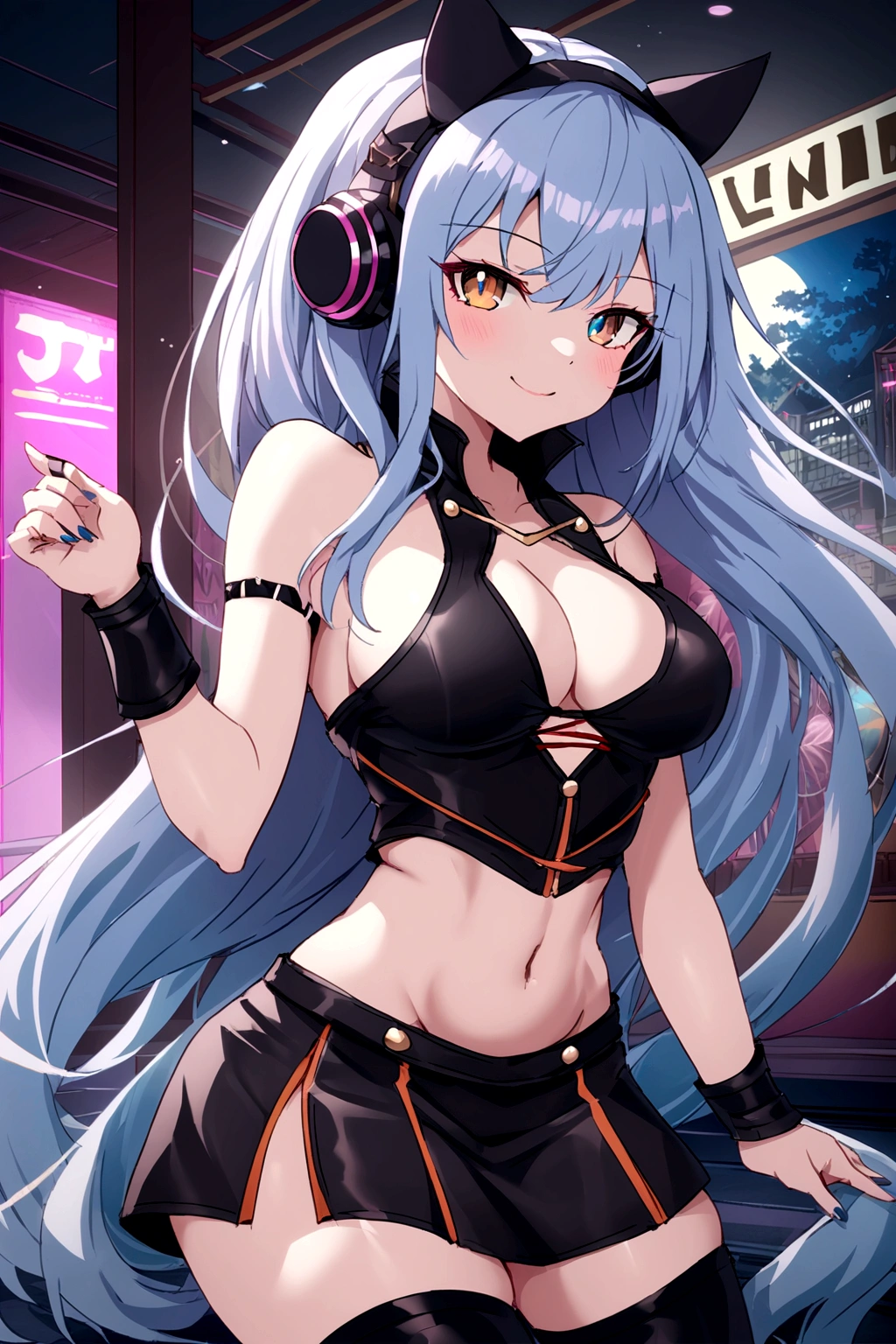 work of art, 8K, style of art by shaman240, very highly detailed face, detailed clothing, detailed fabric, rls, ( Katarina sworn death (league of legends 1.1)) beautiful  face, asymmetrical long hair, hair light blue, exposed belly button, black thigh high boots, very detailed blue eyes, leather mini pencil skirt, cute smile, gazing at viewer, posing back to the viewer, giorno, full - view, forest scenery,